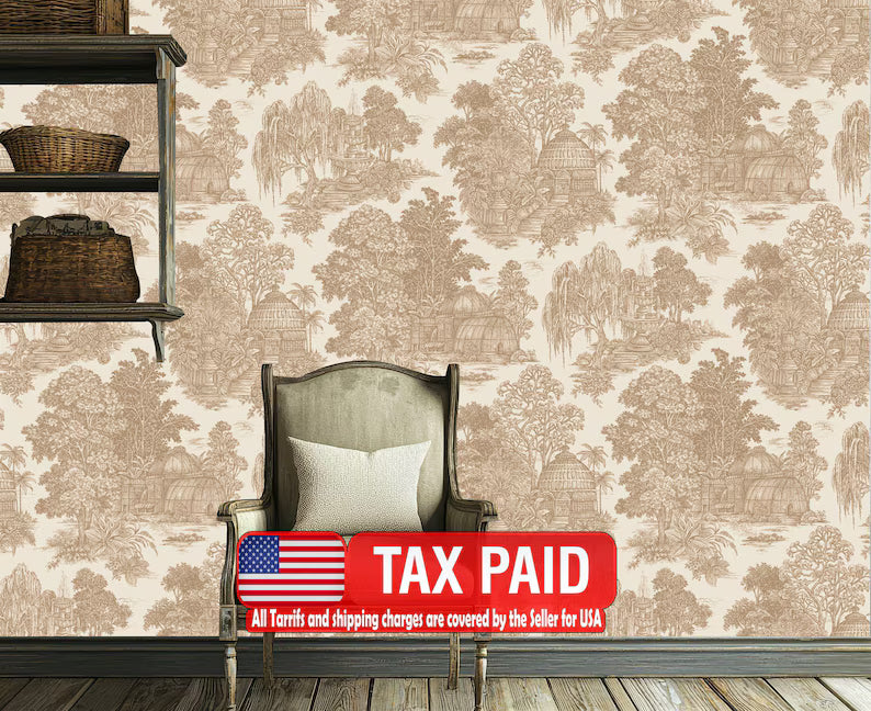 Vintage chinoiserie village wallpaper mural featuring traditional Asian landscape with pagodas and mountains
