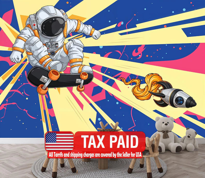 Spaceman Graffiti Art Print Wallpaper, Kids Room Decor