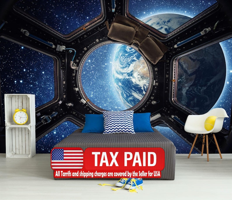 3D Earth View Wallpaper Mural, Spaceship Window Gift
