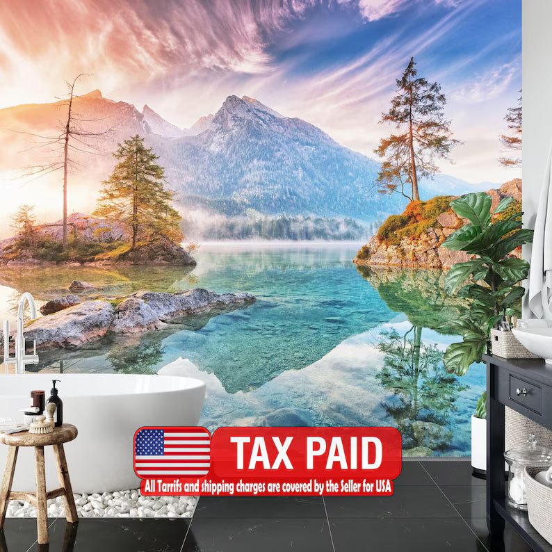 Lake Mountain View Wall Mural, Art Print Wallpaper