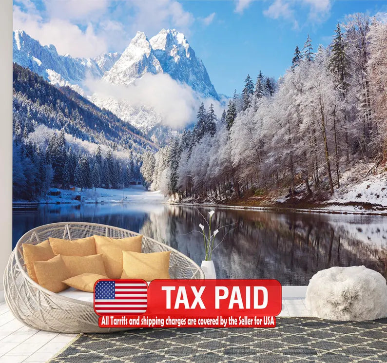 Winter Mountain Lake Wallpaper Mural, Wall Decor