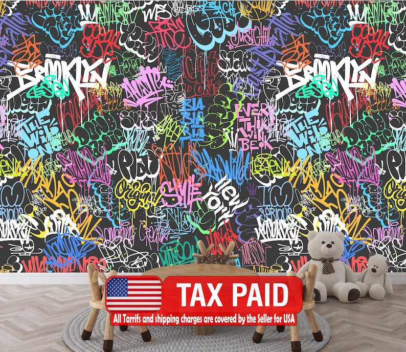 Colorful Graffiti Street Art Wallpaper Mural, Teen Room Decor wallpaper mural showing the full design clearly for modern int
