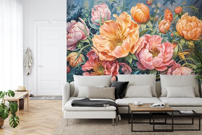 Vivid pink and coral peonies floral mural with botanical details