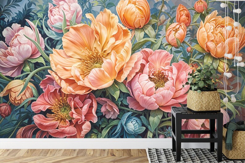 Close-up of peony flowers wall decal showing delicate petals and foliage