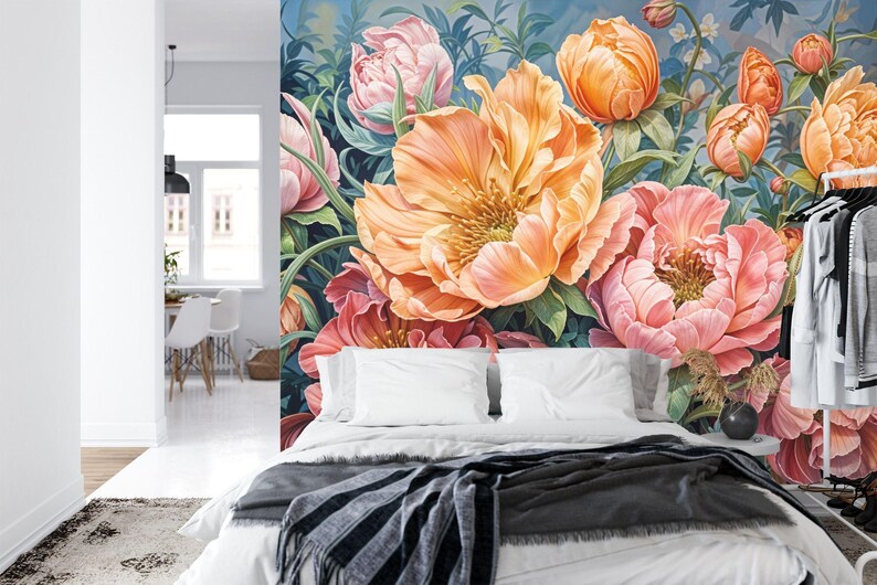 Large-scale peonies wall mural featuring blooming flowers and buds