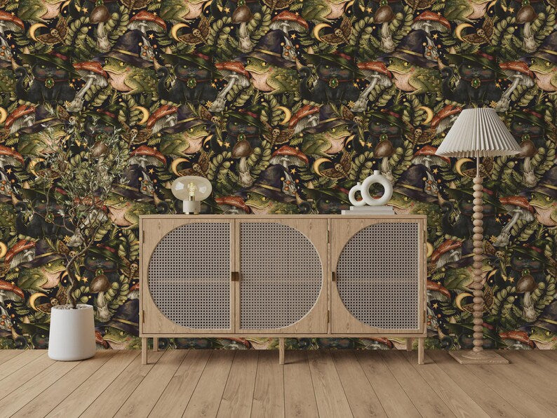 Mystical Toad and Black Cat Art Print Wallpaper