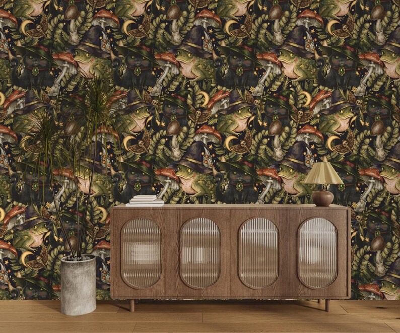 Mystical Toad and Black Cat Art Print Wallpaper