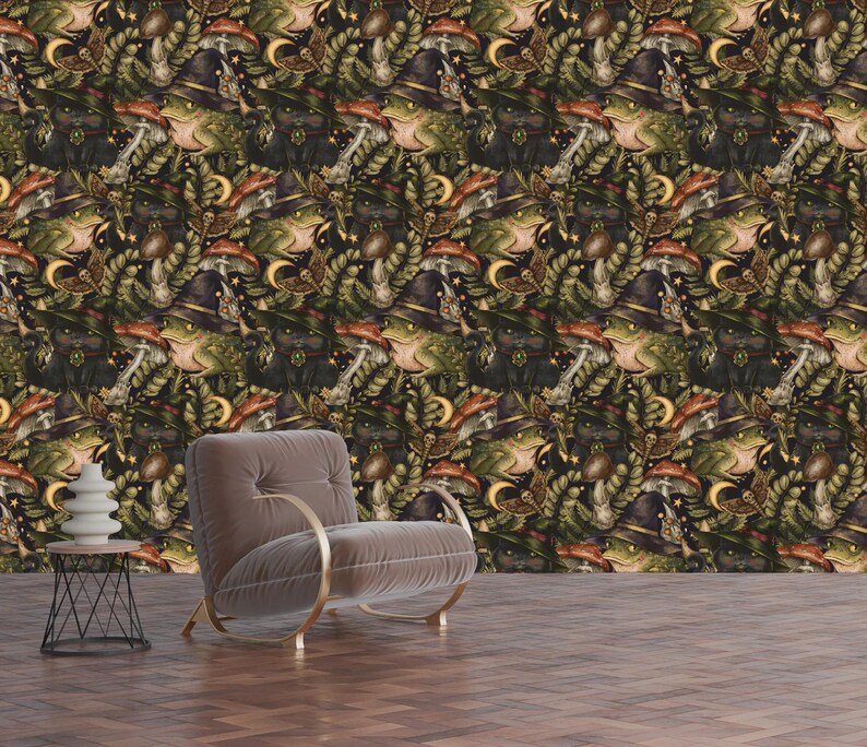 Mystical Toad and Black Cat Art Print Wallpaper