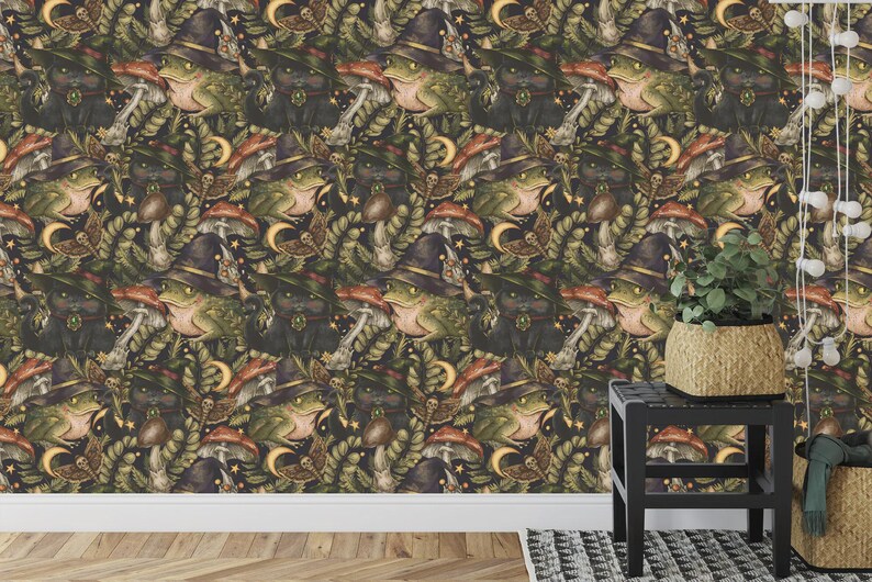Mystical Toad and Black Cat Art Print Wallpaper
