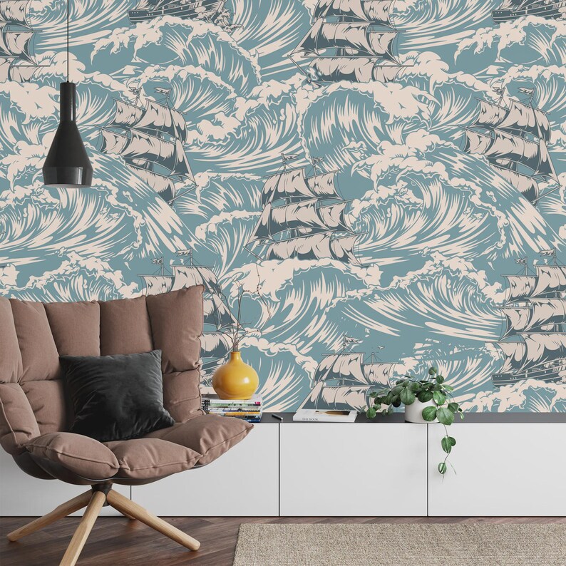 Vintage Ships Ocean Waves Art Print Wallpaper