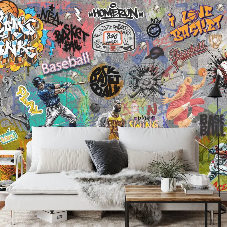 Graffiti Sports Mural – Basketball, Baseball Wallpaper