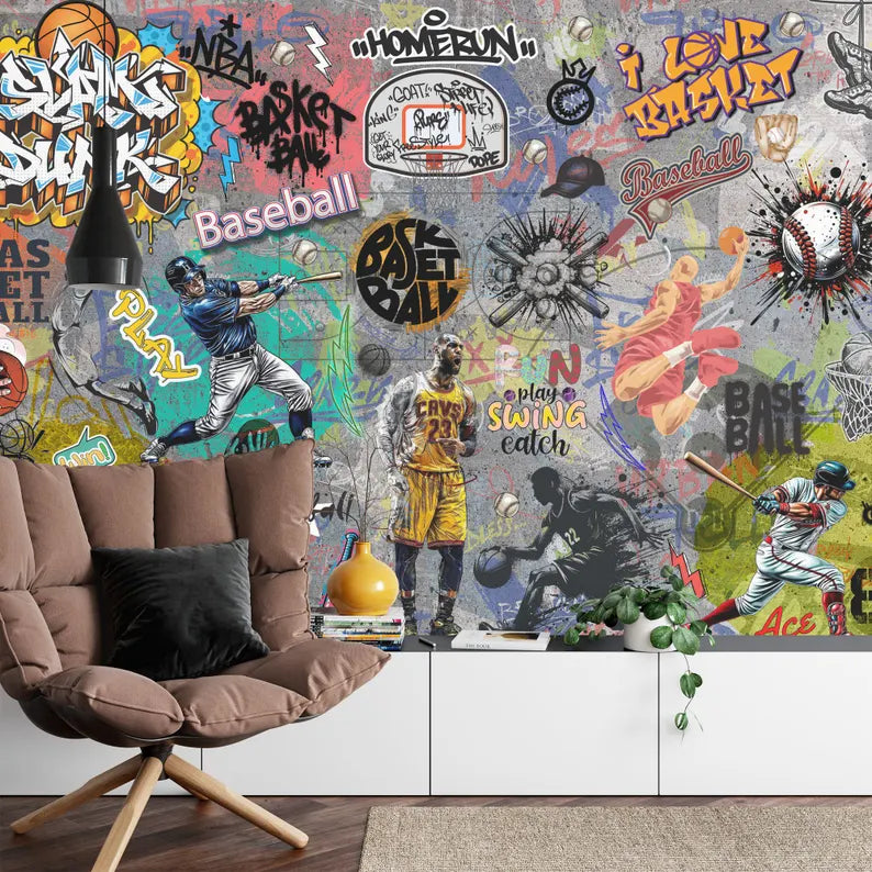 Graffiti Sports Mural – Basketball, Baseball Wallpaper