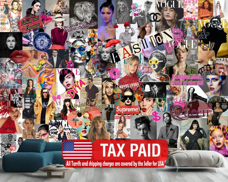 Fashion Collage Wallpaper Mural, Girly Room