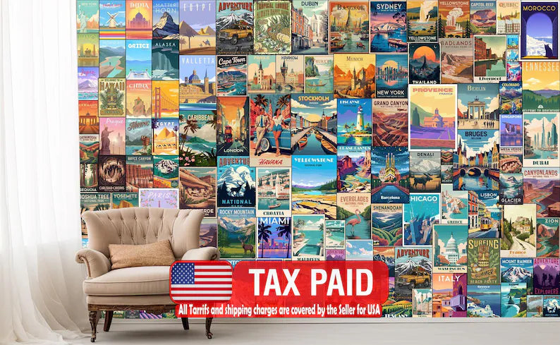 Retro Travel Poster Collage Wallpaper Mural