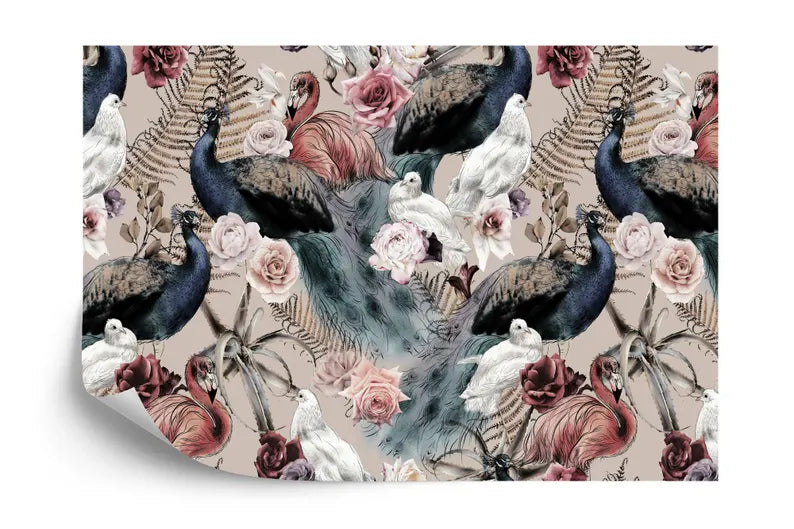 Elegant floral bird wallpaper with artistic bird illustrations among flowers and foliage