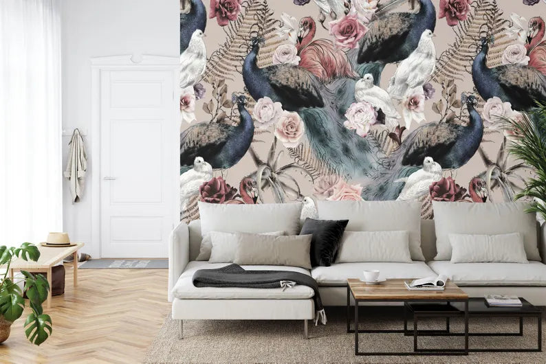 Close-up detail of floral bird wallpaper showing vibrant botanical illustration with birds and blossoms