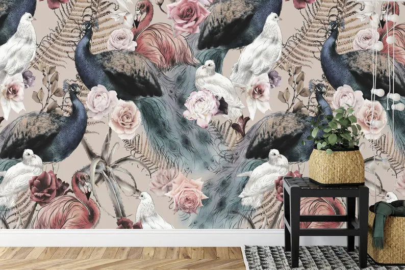 Floral bird wallpaper mural design with delicate flowers and songbirds on neutral background
