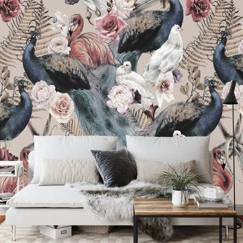 Detailed view of floral bird wallpaper mural with colorful birds nestled in blooming garden scene