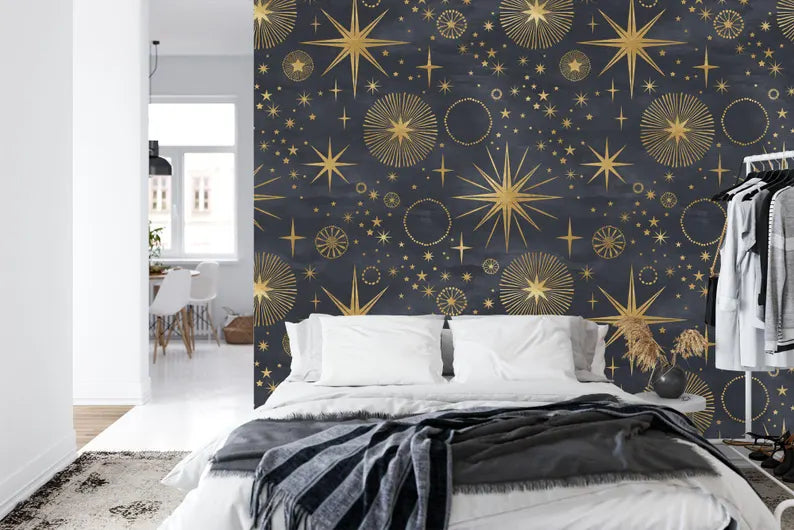 Starry Night Peel and Stick Wallpaper, Modern Celestial Mural