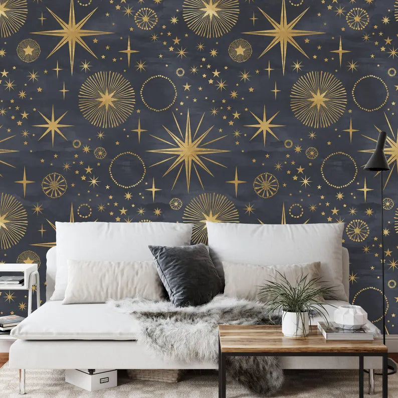 Starry Night Peel and Stick Wallpaper, Modern Celestial Mural
