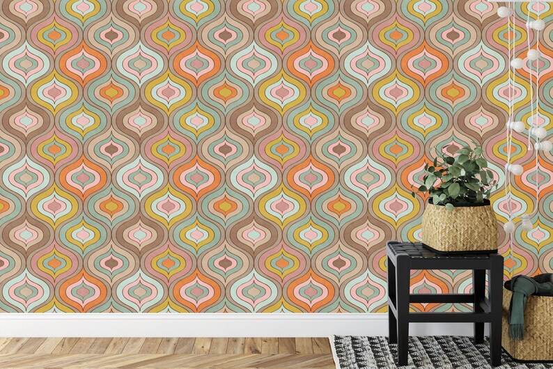 70s Geometric Wallpaper Mural - Retro Peel and Stick Wall Decal