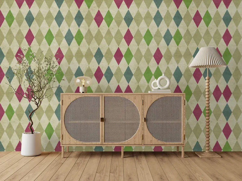 70s Geometric Wallpaper Mural: Retro Diamond Pattern