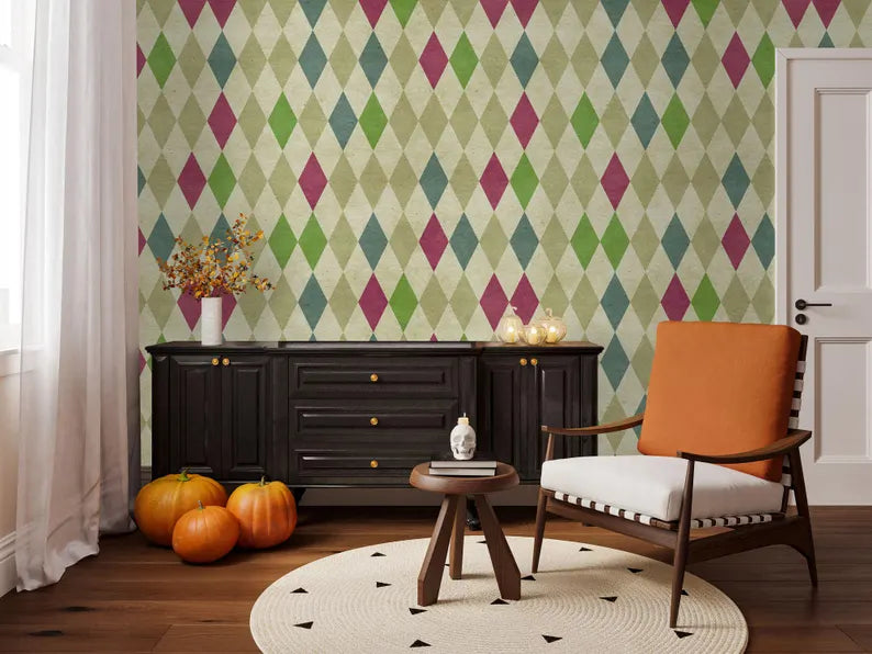 70s Geometric Wallpaper Mural: Retro Diamond Pattern