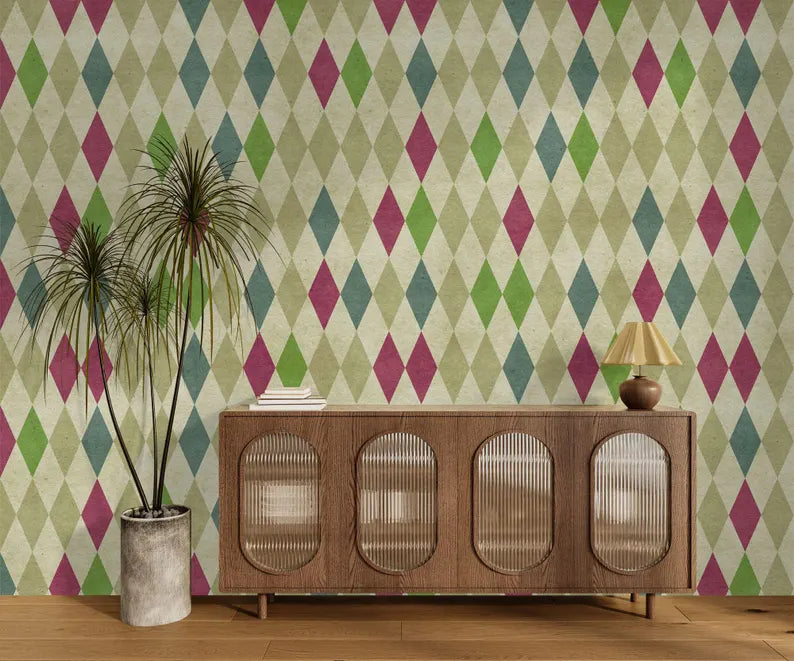 70s Geometric Wallpaper Mural: Retro Diamond Pattern