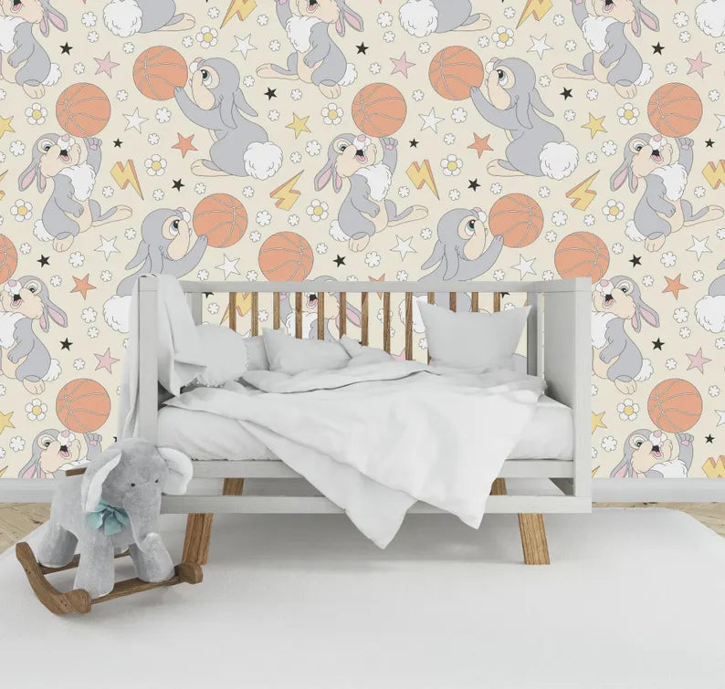 Bunny Play Basketball Nursery Wallpaper Mural
