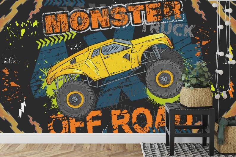 Wallpaper, Monster Truck Wall Mural, Kids Room Decor