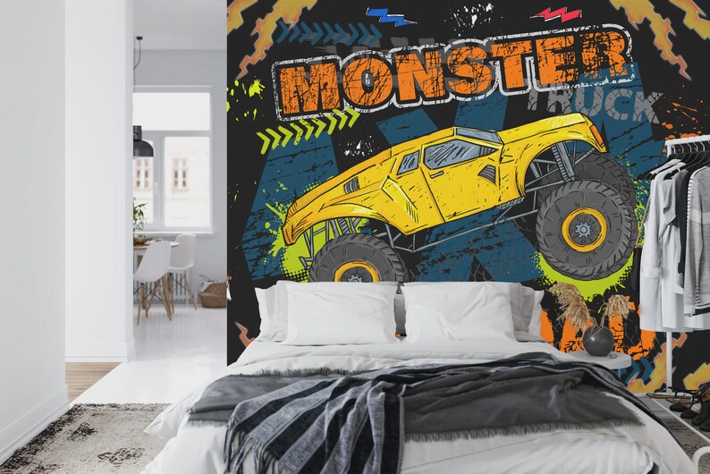 Wallpaper, Monster Truck Wall Mural, Kids Room Decor