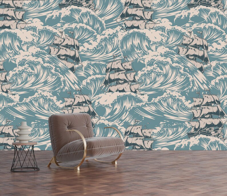 Vintage Ships Ocean Waves Art Print Wallpaper