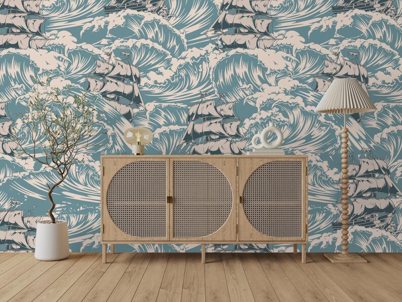 Vintage Ships Ocean Waves Art Print Wallpaper