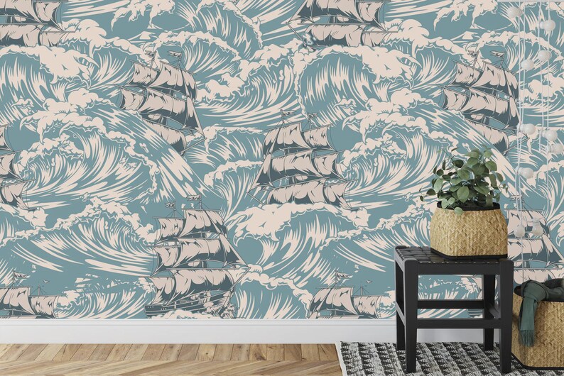 Vintage Ships Ocean Waves Art Print Wallpaper