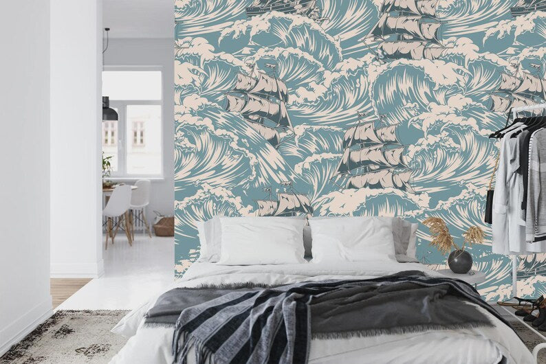 Vintage Ships Ocean Waves Art Print Wallpaper