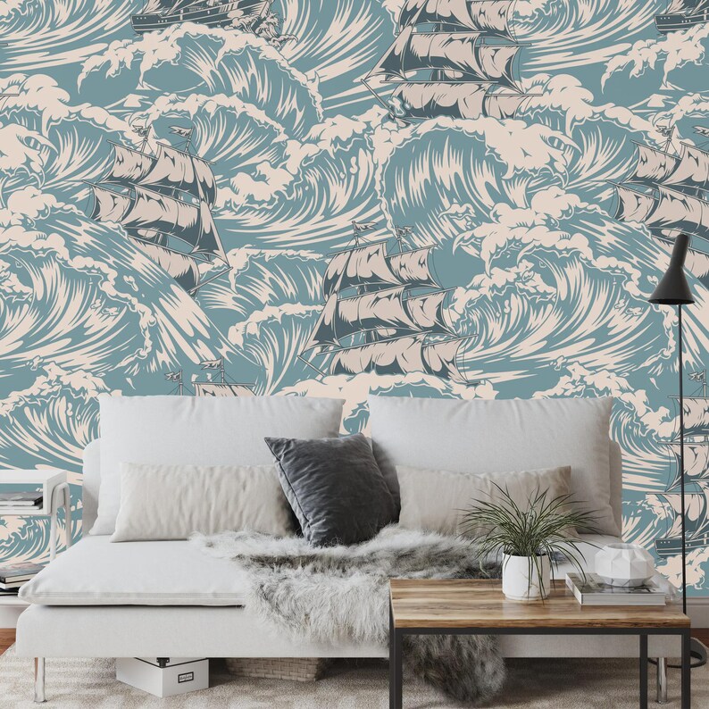 Vintage Ships Ocean Waves Art Print Wallpaper