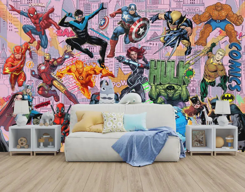 Superhero Comic Book Wallpaper Mural, Kids Room Decor