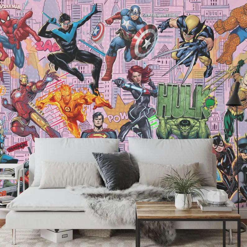 Superhero Comic Book Wallpaper Mural, Kids Room Decor