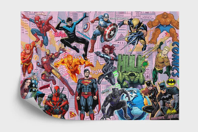 Superhero Comic Book Wallpaper Mural, Kids Room Decor