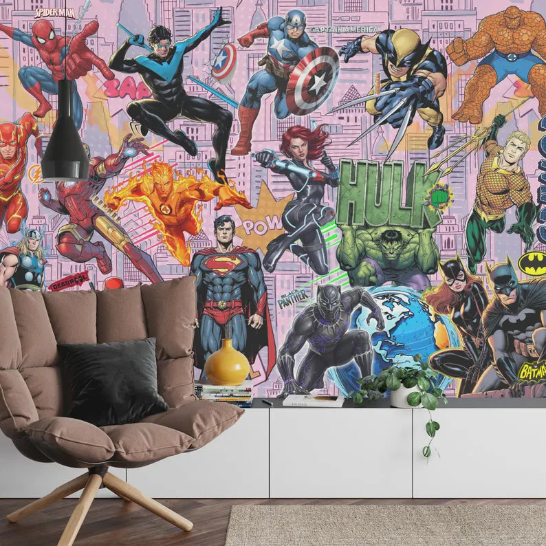 Superhero Comic Book Wallpaper Mural, Kids Room Decor