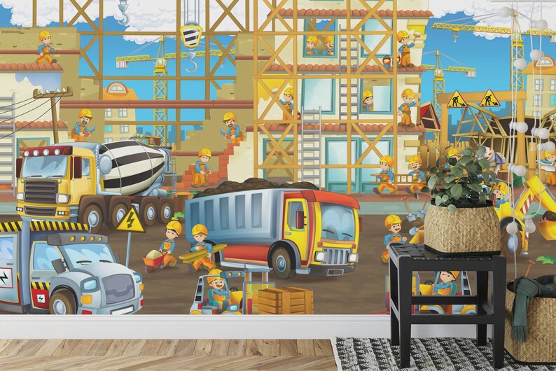 Cartoon Construction Site Kids, Nursery Wallpaper Mural