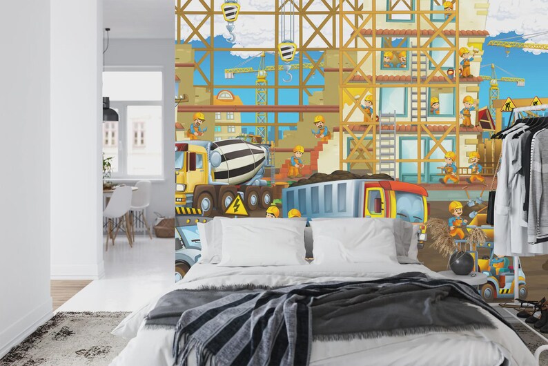 Cartoon Construction Site Kids, Nursery Wallpaper Mural