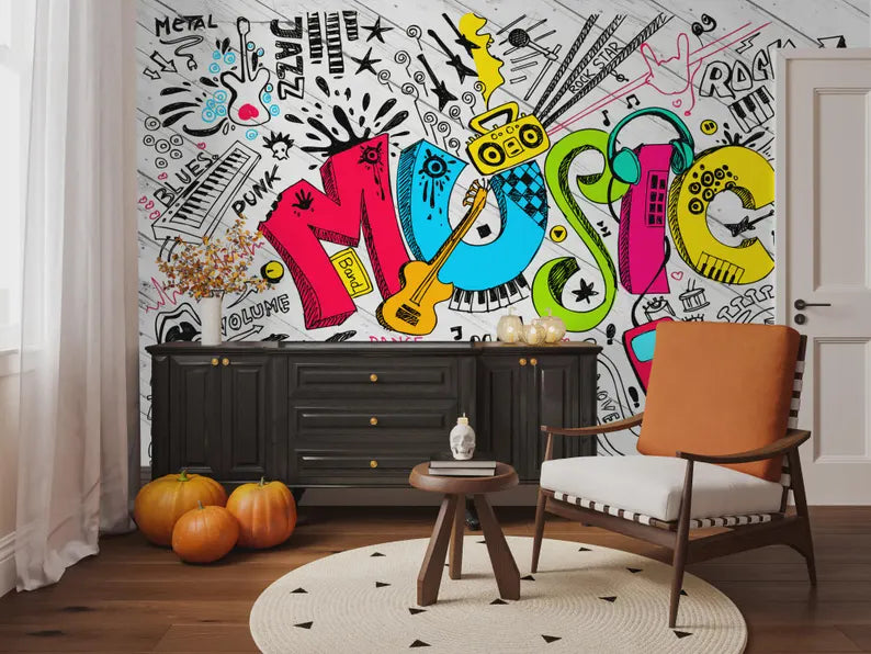 Musical Instruments Wallpaper Mural, AI Generated Art