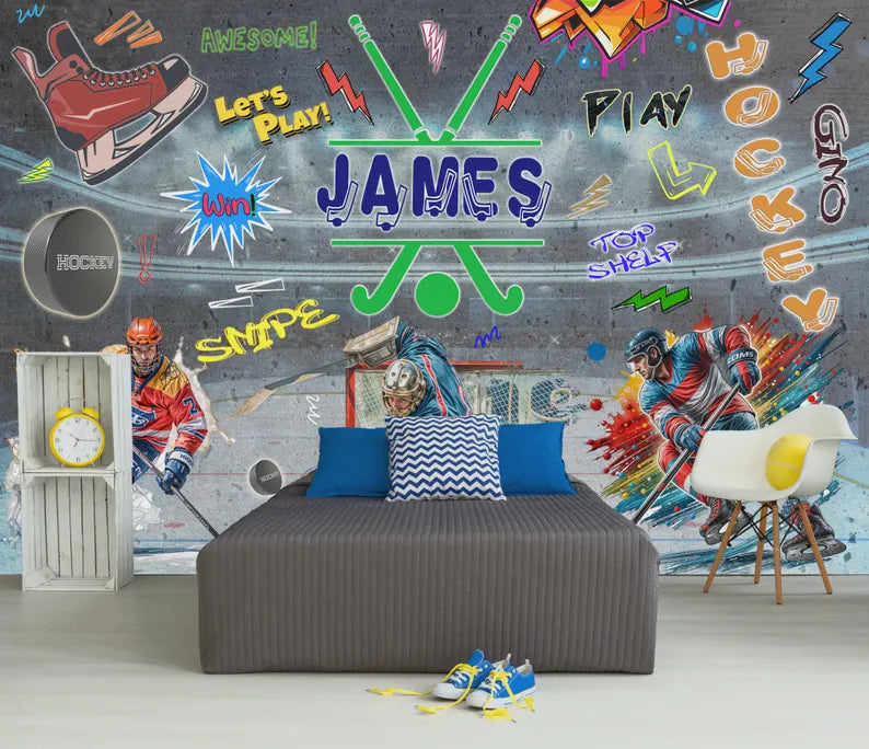 Hockey Graffiti Wall Mural, Boys Room