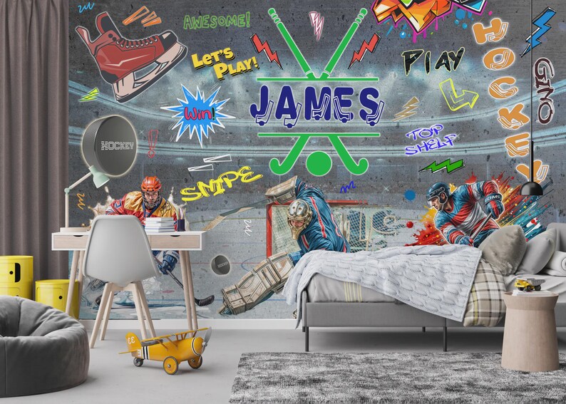 Hockey Graffiti Wall Mural, Boys Room