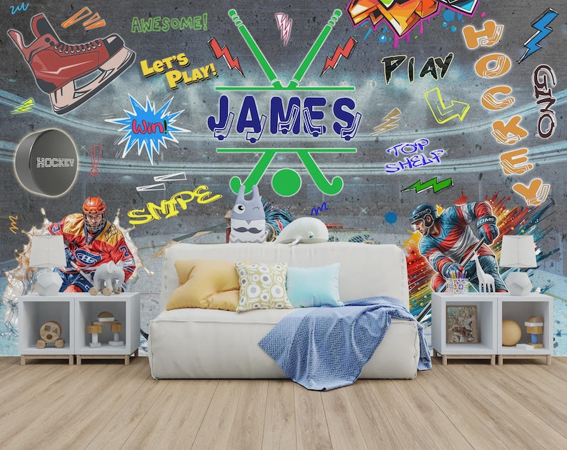 Hockey Graffiti Wall Mural, Boys Room