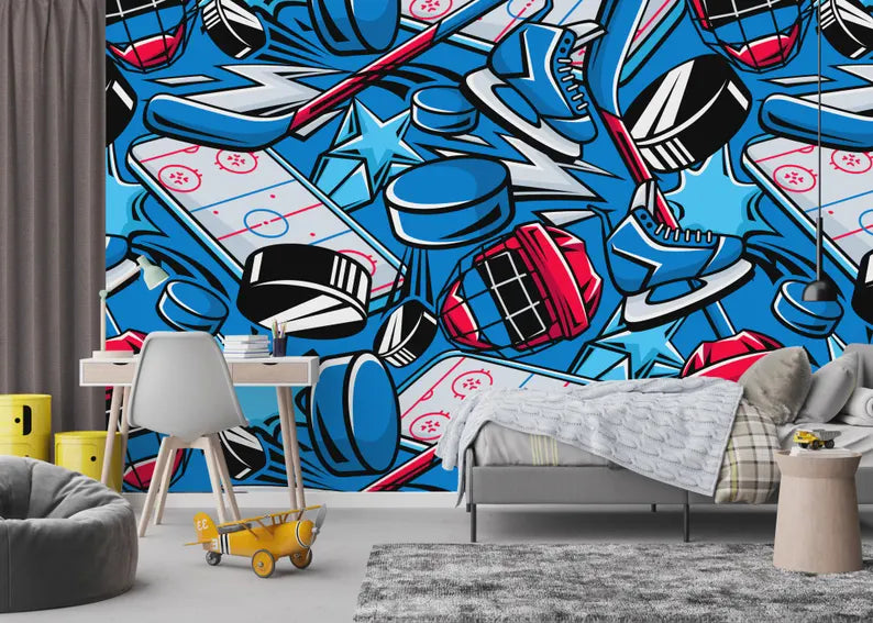 Hockey Graffiti Wall Mural, Boys Room
