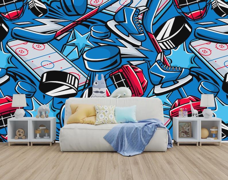 Hockey Graffiti Wall Mural, Boys Room