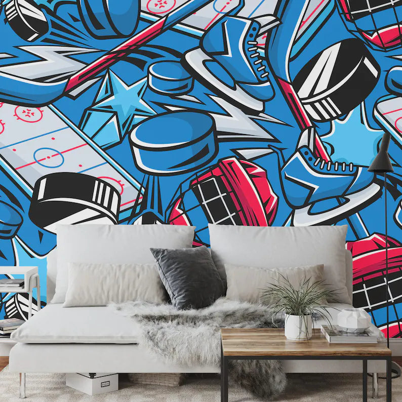 Hockey Graffiti Wall Mural, Boys Room