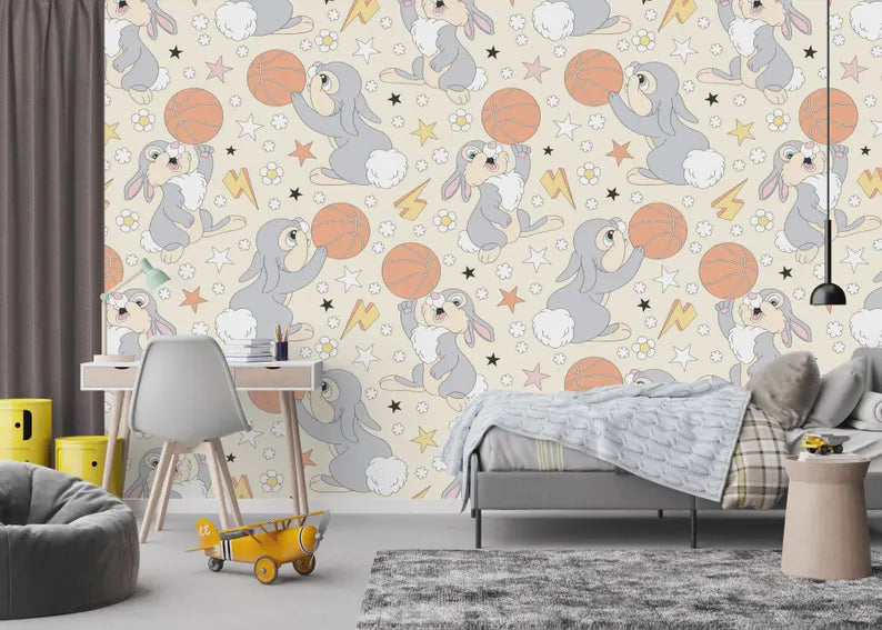 Bunny Play Basketball Nursery Wallpaper Mural